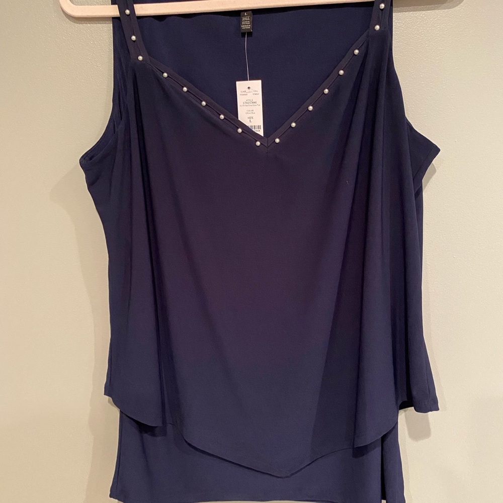 Dressy, pretty, comfy, stretchy NAVY with pearls, layered top